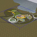 Scenic Kids Play Area Surrounded By Green Trees And Water With Colorful Circular Structures
