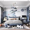 Space Themed Kids Room With Rocket Mural Bed Desk Blue Cabinets And Stuffed Toys