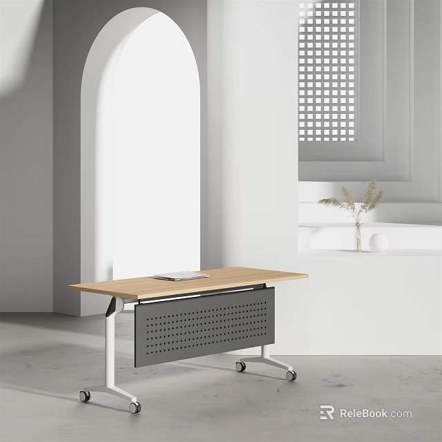 Minimalist Wooden Desk With Metal Frame Rolling Wheels In Bright Room With Simple Decor 3d model 