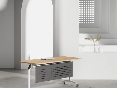 Minimalist Wooden Desk With Metal Frame Rolling Wheels In Bright Room With Simple Decor 3d model