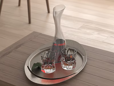 Elegant Wine Decanter and Glasses on Wooden Tray with Leaf on Wooden Table and Floor 3d model