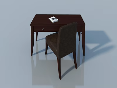 Brown Wooden Desk With White Book Small Object And Brown Chair On Reflective Floor 3d model