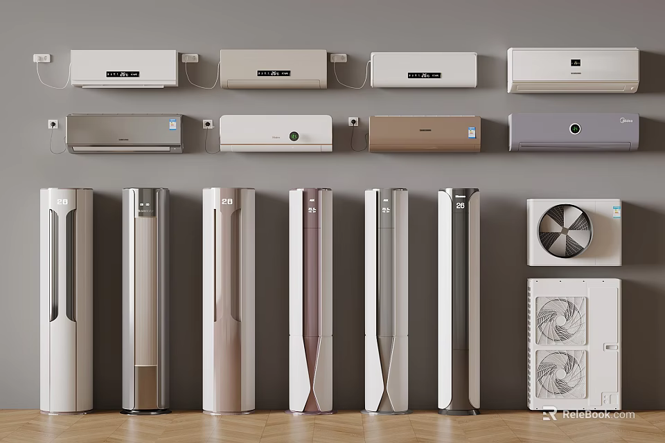 Different Styles Of Wall Mounted And Floor Standing Air Conditioners In Various Colors 3d model 