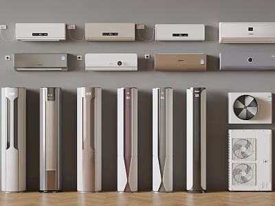 Different Styles Of Wall Mounted And Floor Standing Air Conditioners In Various Colors 3d model