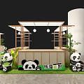 Commercial Street Decorative Display With Panda Dolls Bamboo Plants Chairs Wooden Crate And Grass Lawn