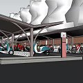 Outdoor Charging Station Facility With Covered Shelter Parked Electric Vehicles And Bicycles