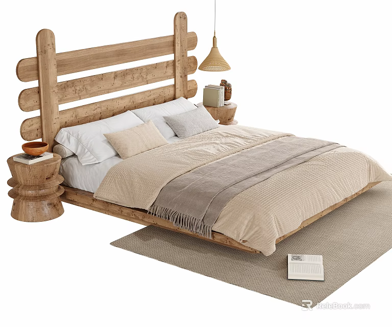 Natural Wooden Double Bed with Headboard Neutral Bedding Wooden Nightstand Hanging Lamp and Rug 3d model 