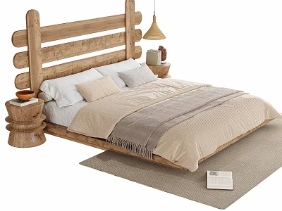 Natural Wooden Double Bed with Headboard Neutral Bedding Wooden Nightstand Hanging Lamp and Rug 3d model