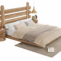 Natural Wooden Double Bed with Headboard Neutral Bedding Wooden Nightstand Hanging Lamp and Rug