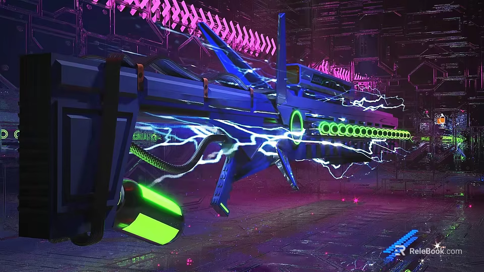 Futuristic Energy Weapon With Blue Green Neon Lights Glowing Lines And Metallic Purple Background 3d model 