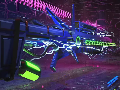 Futuristic Energy Weapon With Blue Green Neon Lights Glowing Lines And Metallic Purple Background 3d model