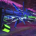 Futuristic Energy Weapon With Blue Green Neon Lights Glowing Lines And Metallic Purple Background
