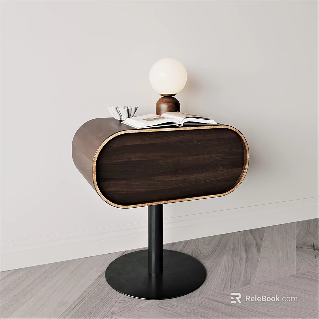 Modern Walnut Bedside Table With Round Base White Lamp And Open Book 3d model