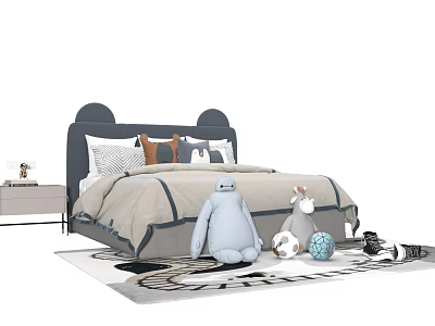Kids Bed With Mickey Ears Headboard Cozy Bedding And Stuffed Toys On Patterned Rug 3d model