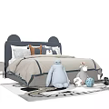 Kids Bed With Mickey Ears Headboard Cozy Bedding And Stuffed Toys On Patterned Rug