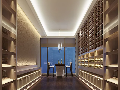 Modern Wine Cellar Interior Design With Wine Racks Bottles Lighting And Dining Table 3d model