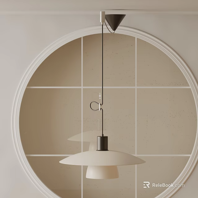 Minimalist White Chandelier With Black Metal Frame In Circular Beige Grid Wall Design 3d model 