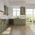 Spacious Modern Kitchen With Green Cabinets Marble Countertops And Natural Light Wooden Flooring