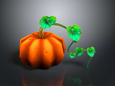 Fresh Orange Pumpkin With Green Leaves And Vines On Dark Background 3d model