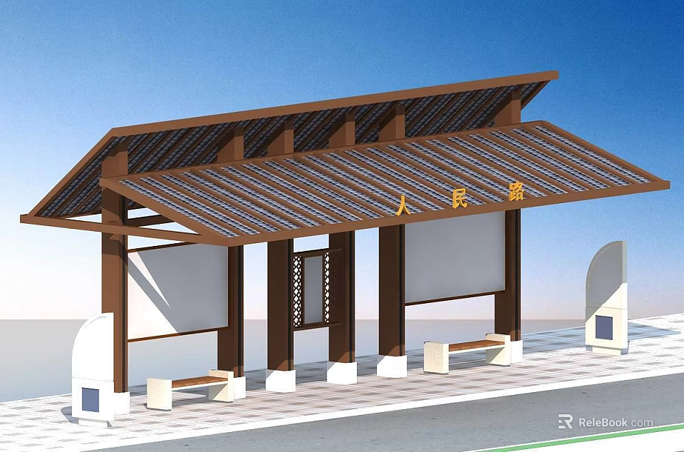 Modern Outdoor Pavilion With Wooden Roof Shade Structure And Benches For Public Display Boards 3d model 