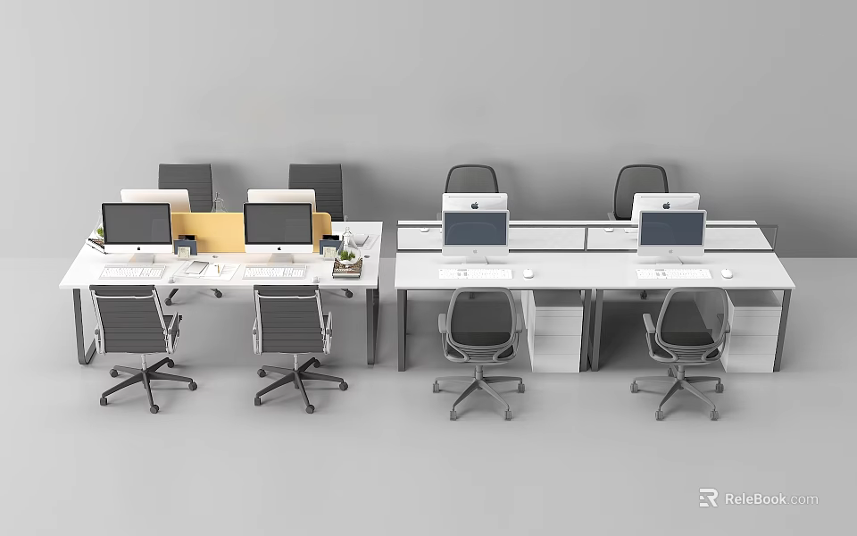 Multiple Modern Office Desks With Computers And Ergonomic Chairs In Workspace 3d model