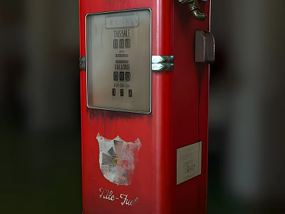 Vintage Red Fuel Pump Industrial Equipment With Worn Surface And Sale Gallons Signage 3d model