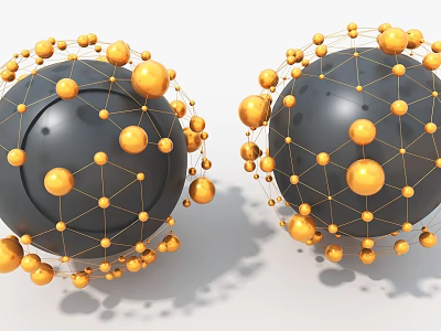 Art Installation Featuring Black Spheres With Golden Balls And Connecting Network Lines 3d model