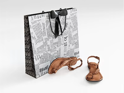 Stylish Newspaper Print Shopping Bag With Black Handles And Brown Strappy Sandals For Daily Use 3d model