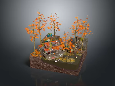 Whimsical Cartoon Scene Featuring Small Houses Surrounded by Orange Leaved Trees and Small Boat 3d model