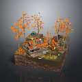 Whimsical Cartoon Scene Featuring Small Houses Surrounded by Orange Leaved Trees and Small Boat