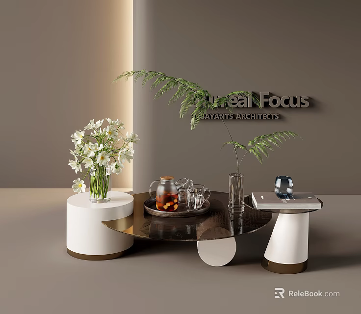 Stylish Interior Decor With Coffee Table White Flowers Teapot And Surreal Focus Sign 3d model 