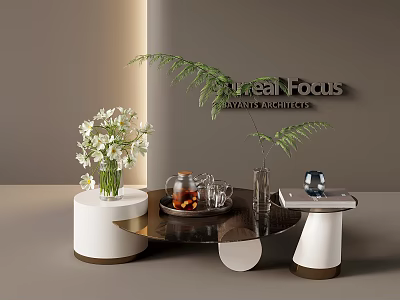 Stylish Interior Decor With Coffee Table White Flowers Teapot And Surreal Focus Sign 3d model
