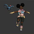 Curly Black Haired Character In Colorful Outfit With Blue Winged Creature And Big Eyes