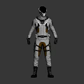 Futuristic Character In White Brown Protective Spacesuit With Helmet And Straps