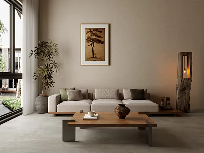 Modern Living Room Sectional Sofa With Green Plant Artwork Wooden Coffee Table And Floor Lamp 3d model