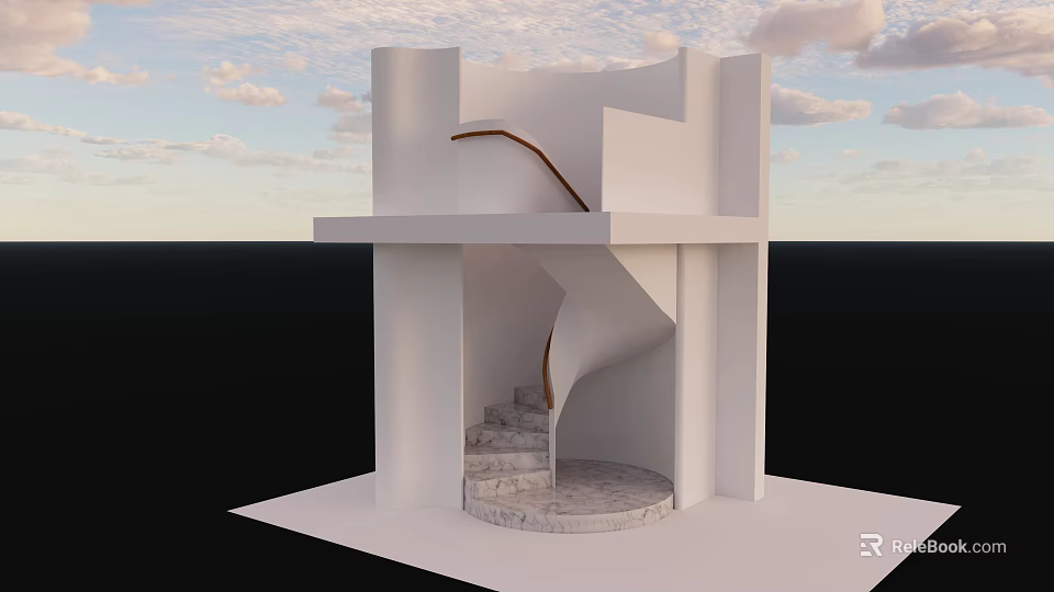 Modern White Spiral Staircase with Wooden Handrail in Contemporary Structure and Sky View 3d model 