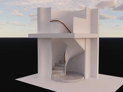 Modern White Spiral Staircase with Wooden Handrail in Contemporary Structure and Sky View 3d model