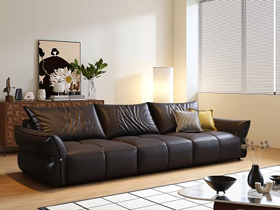 Black Leather Sofa And Round Coffee Table Set With Decorative Pillows And Wooden Floor 3d model
