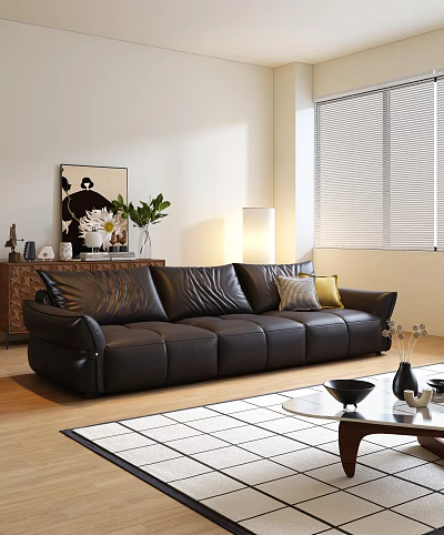 Black Leather Sofa And Round Coffee Table Set With Decorative Pillows And Wooden Floor 3d model