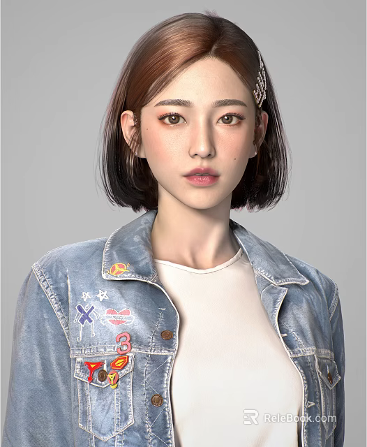 Stylish Woman With Short Hair Wearing Denim Jacket Decorated With Badges And White Shirt 3d model 