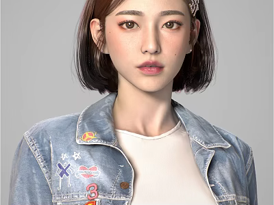 Stylish Woman With Short Hair Wearing Denim Jacket Decorated With Badges And White Shirt 3d model
