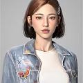 Stylish Woman With Short Hair Wearing Denim Jacket Decorated With Badges And White Shirt