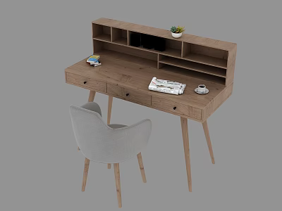 Wooden Desk with Drawers Shelf Open Book Coffee Cup Small Plant and Gray Chair 3d model