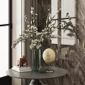 Vase with White Flowers Globe Small Statue on Books Marble Wall Interior Decor