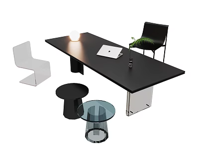Modern Black Desk With Lamp Laptop Green Plant Vase And Black White Chairs Side Tables 3d model