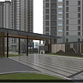 Modern High Rise Residential Entrance Gate With Wooden Canopy Spacious Striped Pavement And Lawn