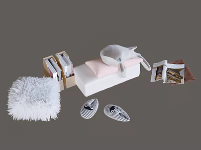 Soft Plush Doll in Cozy Kids Room With Bookshelf Books Pink Cushion And Fluffy Rug 3d model