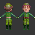Cartoon Human Characters In Green Military Uniform With Camouflage And Black Boots Front Back View