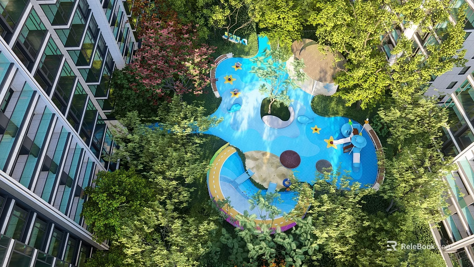 Vibrant Children's Play Area With Colorful Slide Swing And Lush Green Trees 3d model 