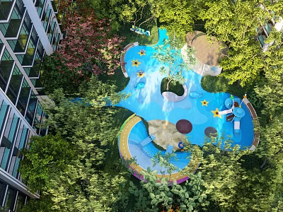 Vibrant Children's Play Area With Colorful Slide Swing And Lush Green Trees 3d model